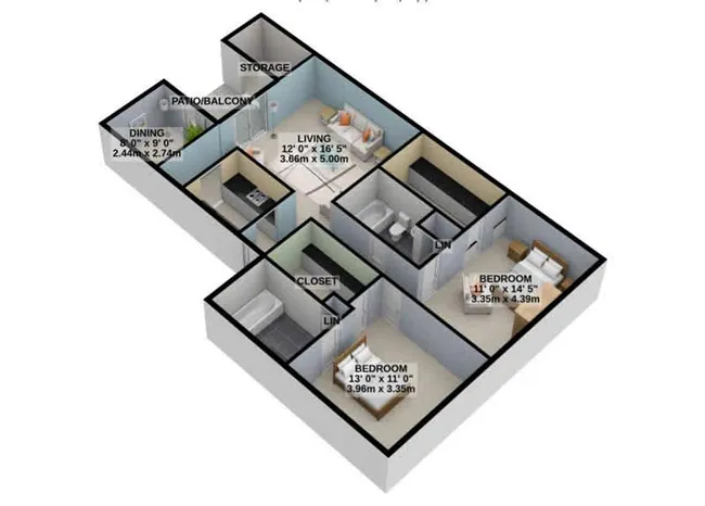2 Bedroom 2 Bathroom 20-2007 floor plan